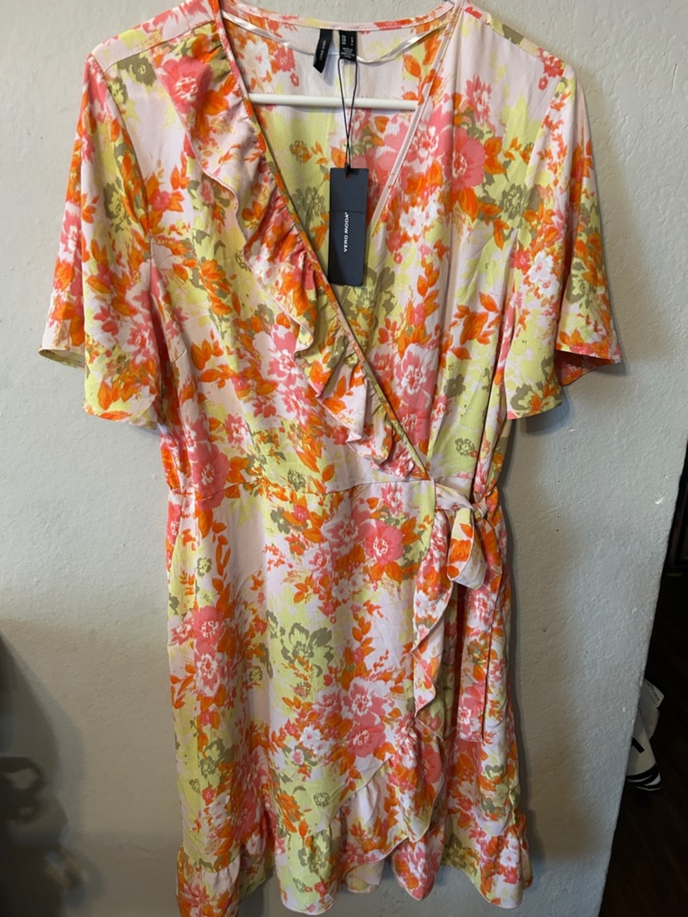 Vero Moda Floral Wrap Dress in Pink, Orange, Yellow, Green